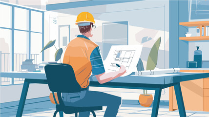 Poster - Architect working on blueprint construction engineer drafting architectural project house plan real estate home renovation contractor desk office building design interior professional workspace