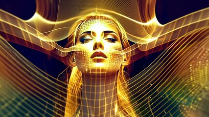 Poster - artificial intelligent woman in golden light with abstract waves surrounding her face generative ai