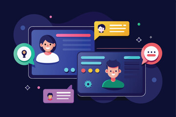 Fototapete - Image illustrating the concept of social media with individuals and chat bubbles, set within an online messaging interface.