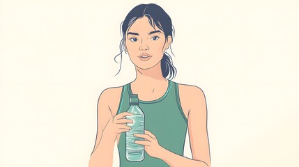 Drawing style, a woman in a green tank top holding a water bottle at waist level, against a white background, with simple lines, a vector illustration, and a flat design, doodle style