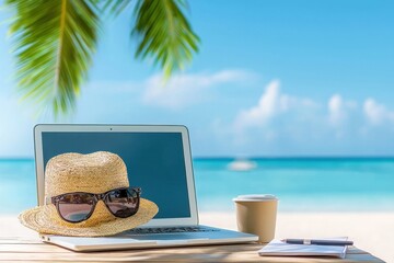 Wall Mural - A relaxing beach setup featuring a laptop, coffee, and hat, ideal for remote work or vacation inspiration by the sea.