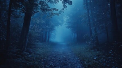 Haunted forest walk with fog and eerie lighting, set in a dark forest, spooky style, wide shot, soft lighting, high contrast