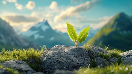 A fresh green plant sprouting from a rocky surface, set against a stunning mountainous landscape under a bright blue sky.