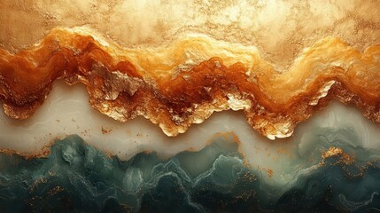 Wall Mural - abstract fluid art piece swirling gold and olive hues organic wavelike forms metallic sheen rich textures evoking natural elements