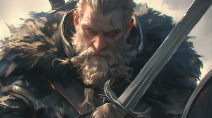 grim-faced dwarf warrior with a steely gaze, preparing for battle with a sword in hand, his fur cloak flowing in the cold winds of war