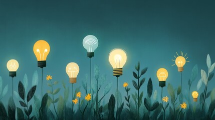 Light bulbs growing among plants, symbolizing the connection between green energy and the environment.