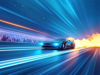 A futuristic car races down a vibrant road, leaving bright trails of light and smoke in its wake, showcasing speed and excitement.