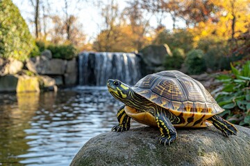 Canvas Print - Yellow-Bellied Slider Turtle Resting on Rock Near Waterfall