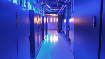 Wall Mural - room with rows of server hardware in data center timelapse hyperlapse