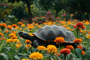 Sticker - Tortoise Amidst a Field of Orange Flowers