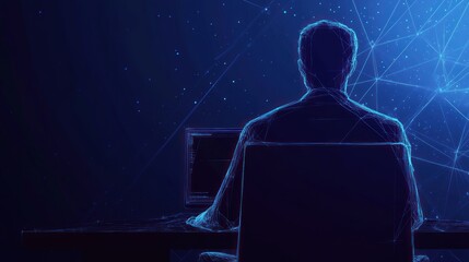 Silhouette of Man Working on a Computer with a Networked Background