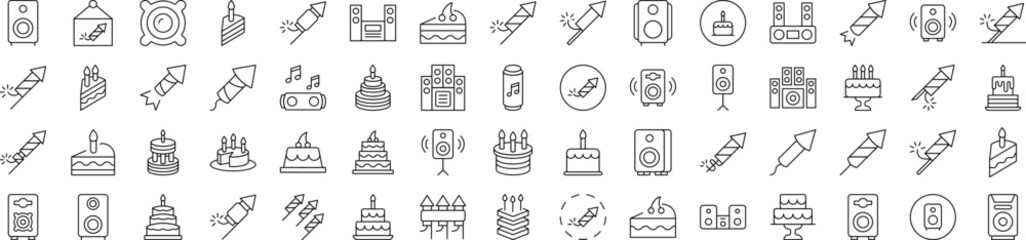 Wall Mural - Pack of Line Icons of Holiday, Party, Fireworks, Cooks and Stereo. Editable Stroke. Minimalistic Linear Pictogram for Design of Cards, Apps, Banners, Posts