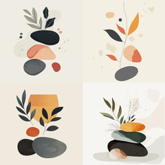 Abstract geometric design of natural shapes such as rocks, leaves and water in soft tones and colors earth