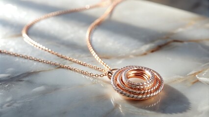 A delicate rose gold necklace lies coiled on a soft, white marble surface, with morning sunlight casting a warm, gentle glow, a realistic photo image.