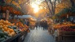 © TranNgoc - A panoramic view of an autumn market with rows of stalls displaying colorful seasonal produce, pumpkins, and handmade crafts. The market is filled with people enjoying the festive atmosphere,