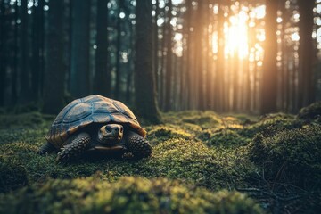 Poster - A Tortoise in a Sunlit Forest Clearing