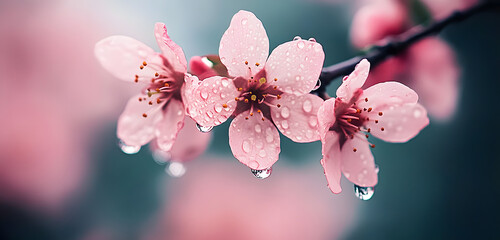 Wall Mural - Delicate Pink Blossoms with Raindrops