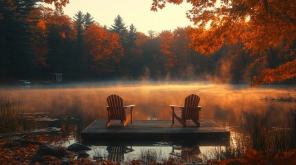 Two chairs on a wooden dock, overlooking a misty lake surrounded by a vibrant autumn forest at sunrise.