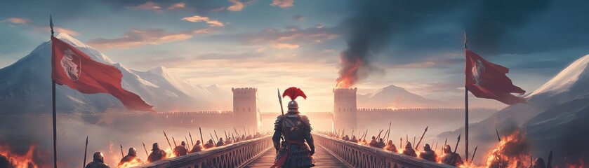 A dramatic scene of a warrior overlooking a battlefield at sunset, symbolizing courage and valor in ancient warfare.