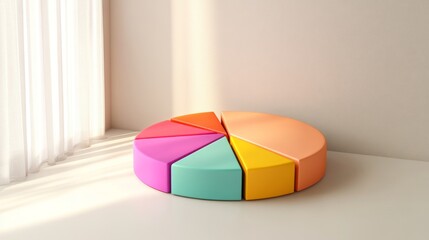 Fototapete - A pie chart with a 3D effect, showing various segments in different colors, against a neutral background to emphasize depth and detail.