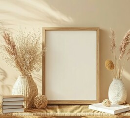 Wall Mural - Empty Frame on a Table with Dried Flowers and Books