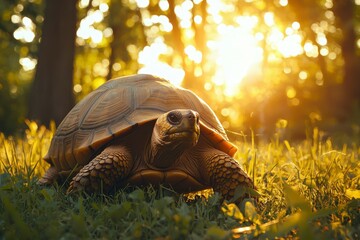 Poster - A Tortoise Walking Through Grass in Golden Sunlight