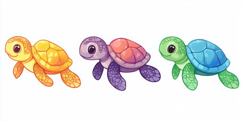 baby turtles swimming sticker white background cute kawaii colorful vibrant cartoon aquatic sea ocean child-friendly joyful pastel colors green blue pink animated happy 