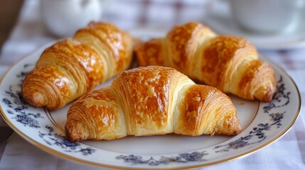 Fototapete - A plate of freshly baked croissants, golden and flaky with layers of buttery goodness, perfect for enjoying with a cup of coffee.