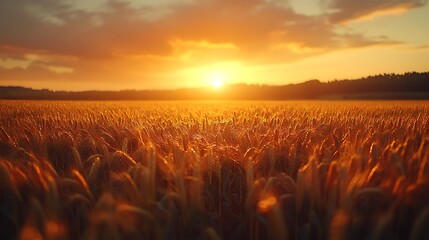 A tranquil scene of a cornfield bathed in the golden light of a setting sun, with long shadows stretching across the field. The sky is ablaze with warm hues, reflecting off the golden corn,