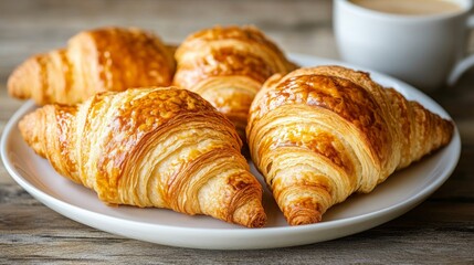 Fototapete - A plate of freshly baked croissants, golden and flaky with layers of buttery goodness, perfect for enjoying with a cup of coffee.