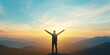 © Art Stocker - Happy man rise hand on morning view. Christian inspire praise God on good friday background. Now one man self confidence on peak open arms enjoying nature the sun concept world wisdom fun hope.