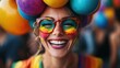 ©  Jovaduplex - A woman joyfully smiling with colorful glasses and balloons in her hair, radiating happiness and positivity amidst a lively event filled with vibrant colors and festive spirit.