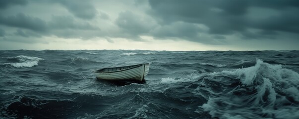 Small row boat in rough seas, no body, Panoramic danger, scary concept for trials and tribulations, religion, christianity. Old man in the sea. Hemingway.