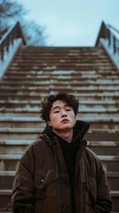 A young man in a green jacket stands on a concrete staircase.