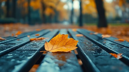 Dreamy Autumn Leaves on a Wooden Bench. AI generated illustration.