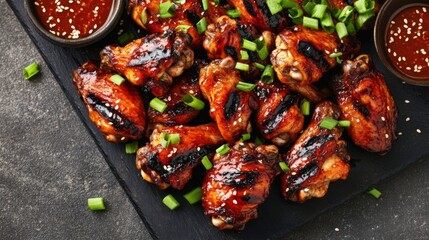 A platter of grilled chicken wings brushed with a tangy teriyaki glaze and garnished with sesame seeds and chopped green onions, perfect for sharing.