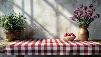 Sticker - Rustic Tabletop Still Life with Checkered Tablecloth