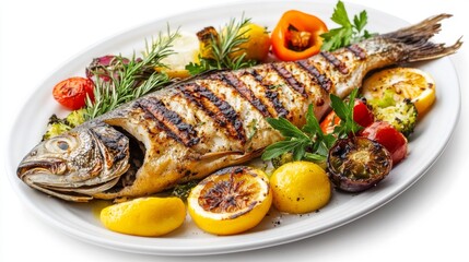 A platter of grilled fish with vibrant vegetables and aromatic herbs, arranged elegantly on a white background to highlight its freshness.