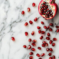 Wall Mural - Fresh pomegranate seeds scattered on marble surface create vibrant and inviting scene.