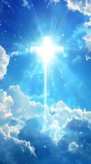 Canvas Print - Easter background with a shining cross on blue sky with clouds and lightbeam.