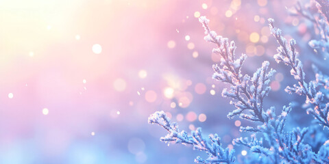 Poster - Frosted branches glisten in dreamy, colorful background of soft bokeh lights, creating serene winter atmosphere.