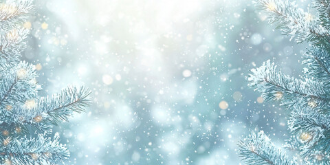 Poster - Winter scene with snowflakes falling gently on frosted pine branches, creating serene and magical atmosphere.
