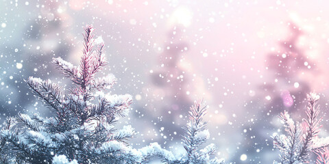 Poster - Snowy trees create serene winter scene with soft bokeh lights in background, evoking peaceful and magical atmosphere.