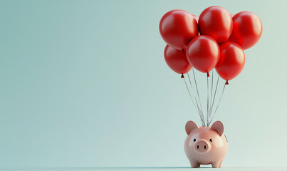 Poster - A cheerful piggy bank is lifted by vibrant red balloons, symbolizing financial joy and celebration.