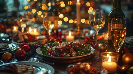 Poster - A table is set for a Christmas dinner with a large roast