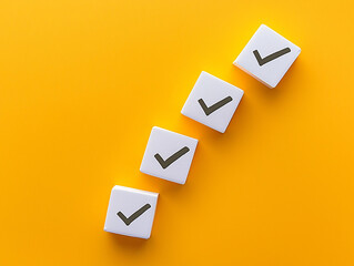 Poster - Four checkmark boxes on vibrant yellow background symbolize completion and success. This image conveys sense of achievement and positivity.