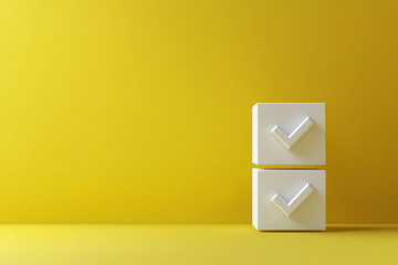 Poster - 3D illustration of two white checkmark boxes on vibrant yellow background, symbolizing completion and positivity.