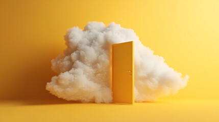Poster - A minimalistic abstract cloud surrounds yellow door, creating whimsical and imaginative scene. vibrant colors evoke sense of curiosity and wonder.