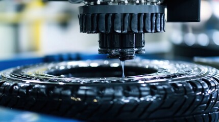 Wall Mural - Tire Manufacturing Process: Close-up of a Tire Being Coated