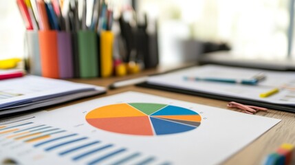 Poster - A printed report with a pie chart on a desk, surrounded by documents and office supplies, illustrating its use in business analysis and reporting.